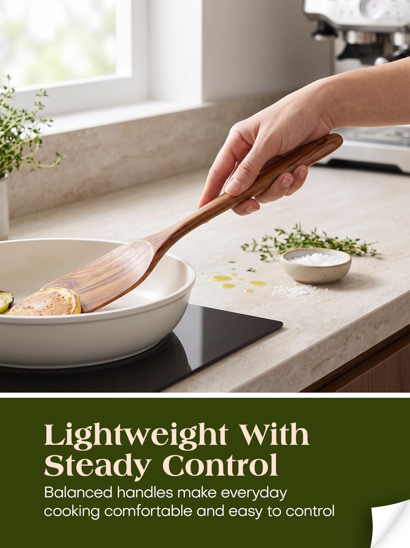 Ustensiles de Cuisine en Bois Antiadhésif - Set de 10 Pièces en Teck Naturel Avec Spatule et Louche