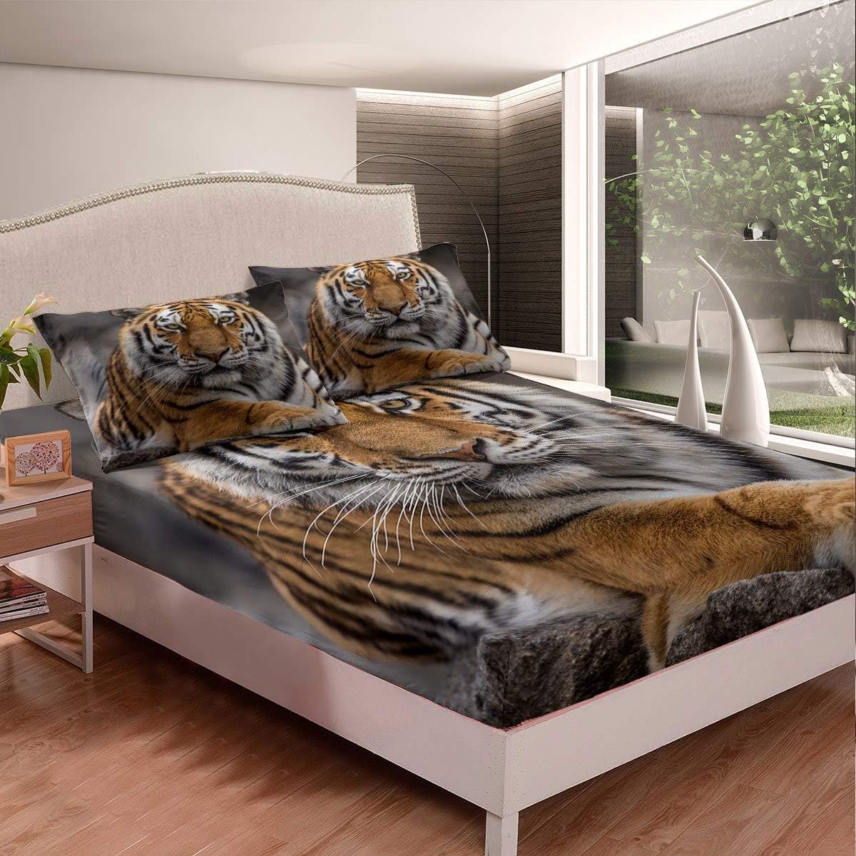 Feelyou Tiger Fitted Sheet Wild Animal Theme Bedding Set 3D Wildlife Style Bed Sheet Set for Boys Girls Children Teens Bedroom Decor Safari Cat Print Bed Cover Queen Size with 2 Pillow Case