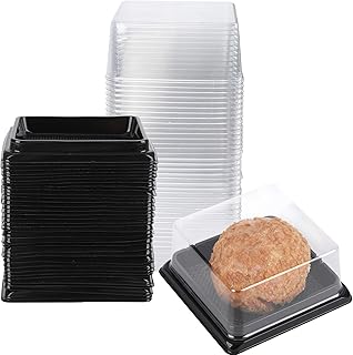 Hewnda 50 Pack of Clear Plastic Mini Cake Box Muffins Box Cookies Cookies Muffins Dome Box Wedding Birthday Gift Box (3" square black)