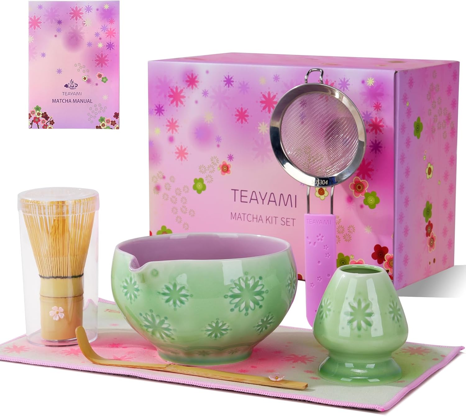 Matcha Whisk Set, 6pcs Matcha Kit Set Includes Matcha Bowl, Innovative Bamboo Whisk & Scoop with Cute Charm, Chasen Holder, 304 Sifter & Tea Mat for Japanese Tea Ceremony, Jade Green