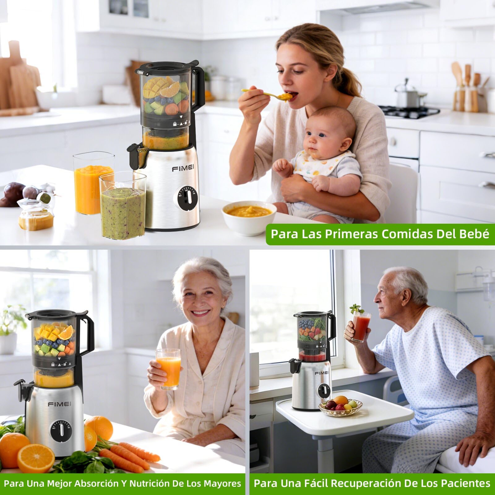 FIMEI Extractor de Zumos y Verduras, Licuadora Prensado en Frio para Verduras Frutas Enteras con Apertura de 135 MM, Fácil Montaje y Limpieza, Extractor de Jugo Incluye 2 Vasos, Sin BPA, Base inox