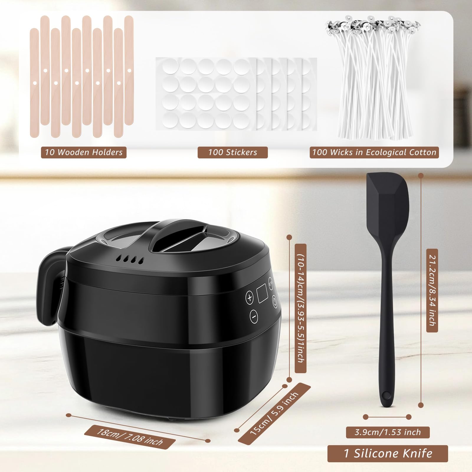 Turmegtt Fondeur de Cire Bougie 1L, pour Kit de Fabrication de Bougies | Chauffe Cire Bougie avec Affichage LED Et Température Réglable, avec Bec Verseur, Mèches, Autocollants Et Cuillère à Mélanger