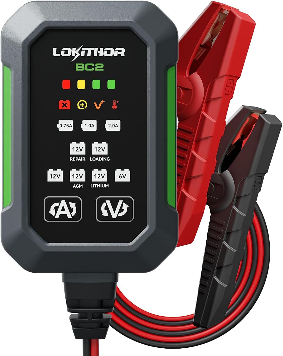 BC2 6V/12V Car Battery Charger, 2A/1A/750mA Adjustable Currents | Automatic Battery Maintainer, 10 Stage Trickle Charger, Double Pulse Repair, Forced Charge, Overcharge Protection, Waterproof