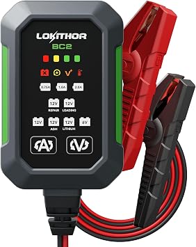 LOKITHOR BC2 6V/12V Car Battery Charger, 2A/1A/750mA Adjustable Currents | Automatic Battery Maintainer, 10 Stage Trickle Charger, Double Pulse Repair, Forced Charge, Overcharge Protection, Waterproof