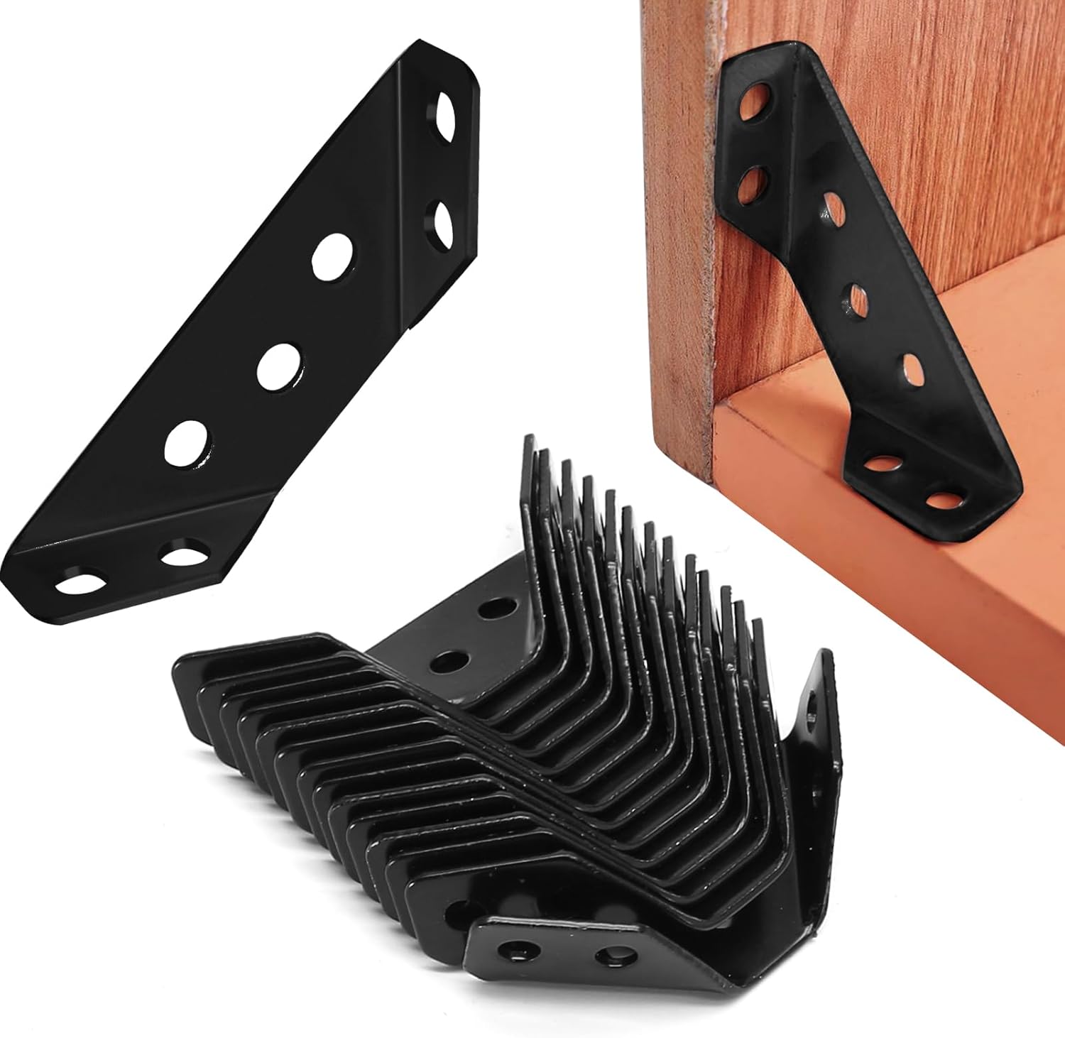 Jiozermi 24PCS Stainless Steel Furniture Corner Connector, Black Shelf Brackets Metal Corner Brackets for Wood L Bracket with Screws, Three Sided Fixation 90 Degree Right Angle Bracket