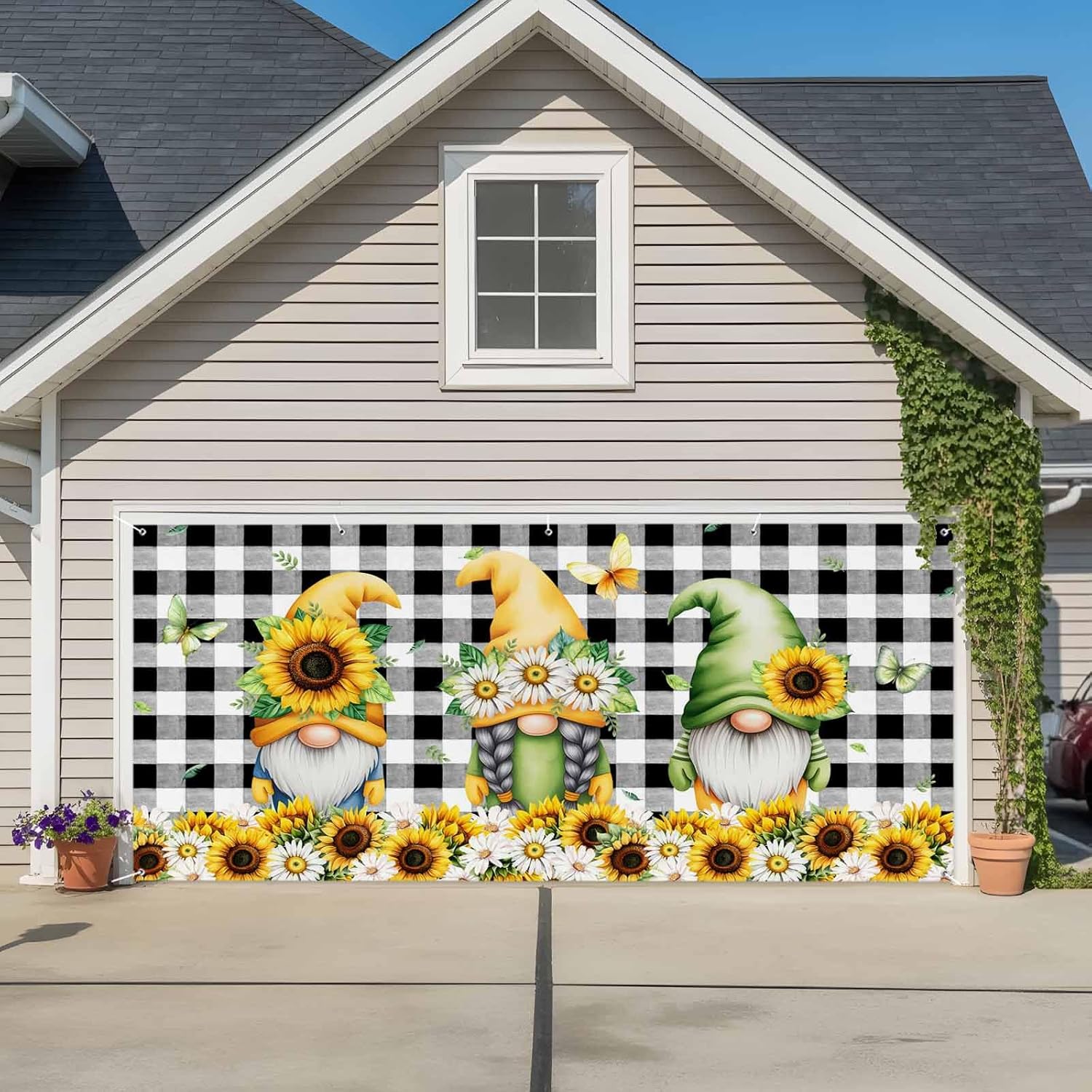 Spring Gnomes Garage Door Cover Banner 7 x 16 FT, Botanical Budding Sunflowers Buffalo Plaid Garage Door Curtains Backdrop with Grommets for Indoor Outdoor Wall Party Porch Yard Decorations Background