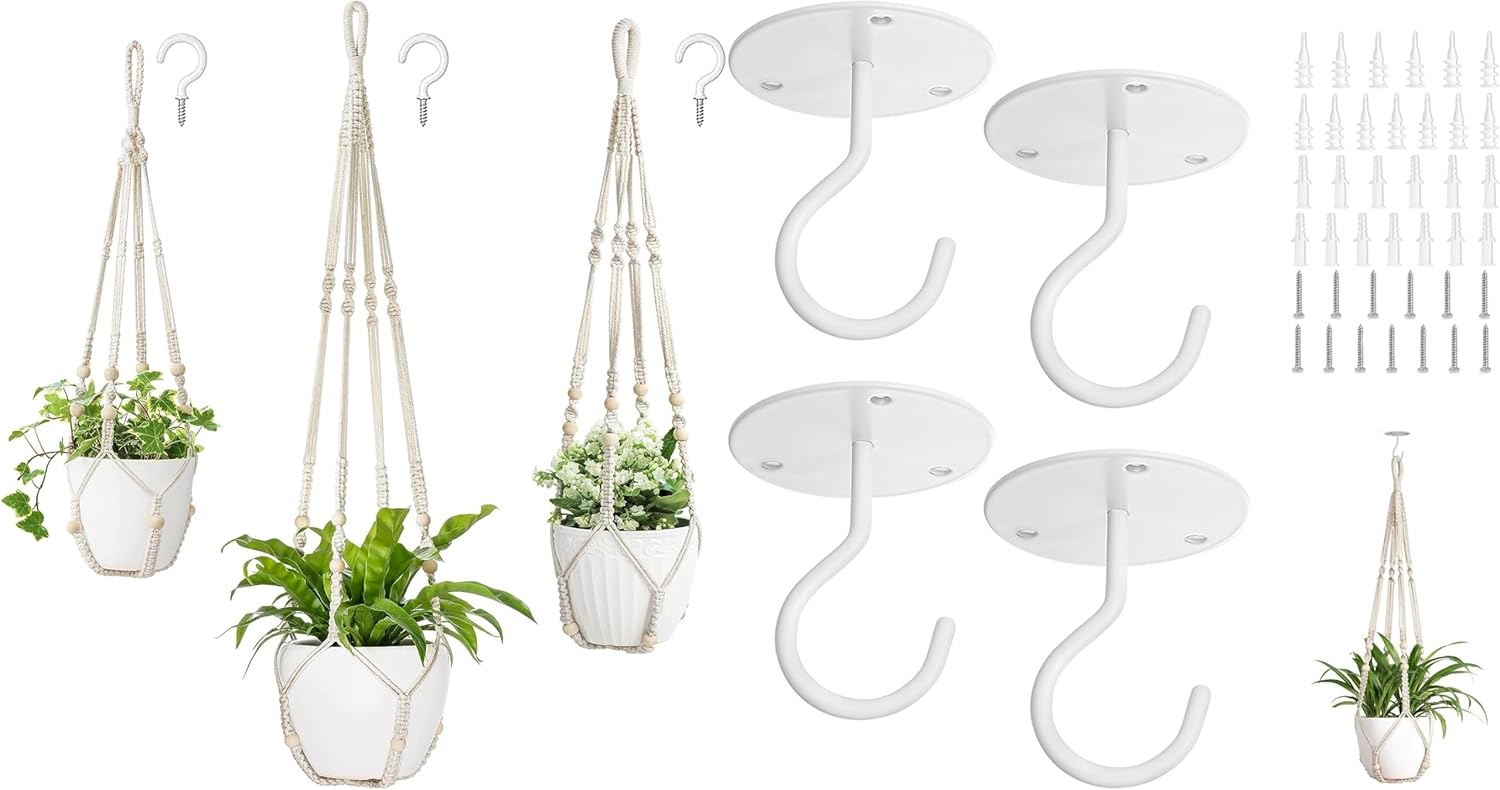 Mkono 3 Pack Macrame Plant Hangers and 4 Pack Ceiling Hooks, Indoor Different Size Hanging Planter Basket Flower Pot Holder