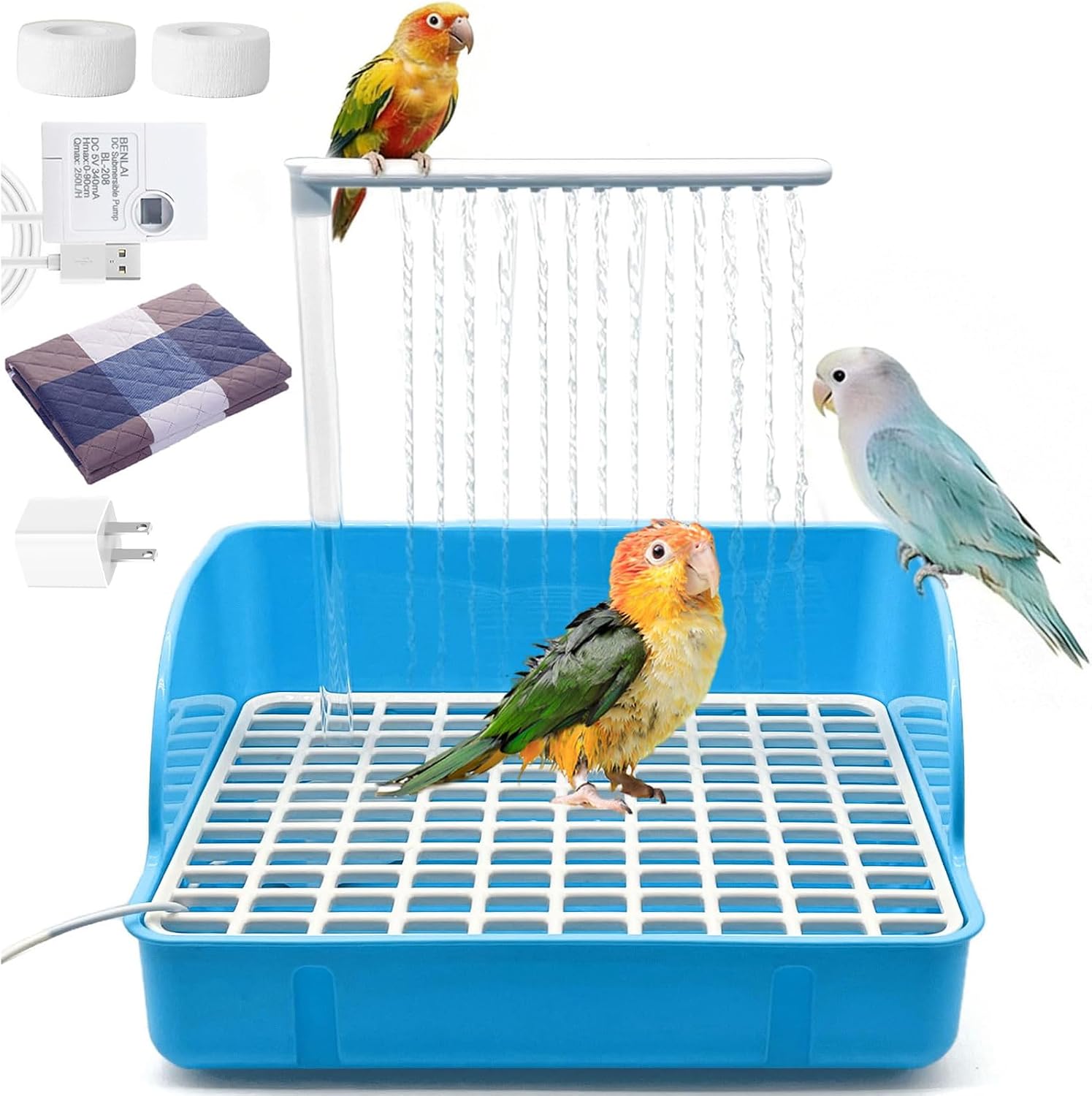 kathson Automatic Parrot Bathtub with Pump, Large Bird Shower Fountain with USB Electric Water Cycle, Parakeet Bath Tub for Medium Birds, Cockatiel, Cockatoo, Lovebird, African Grey, Conure, Budgie