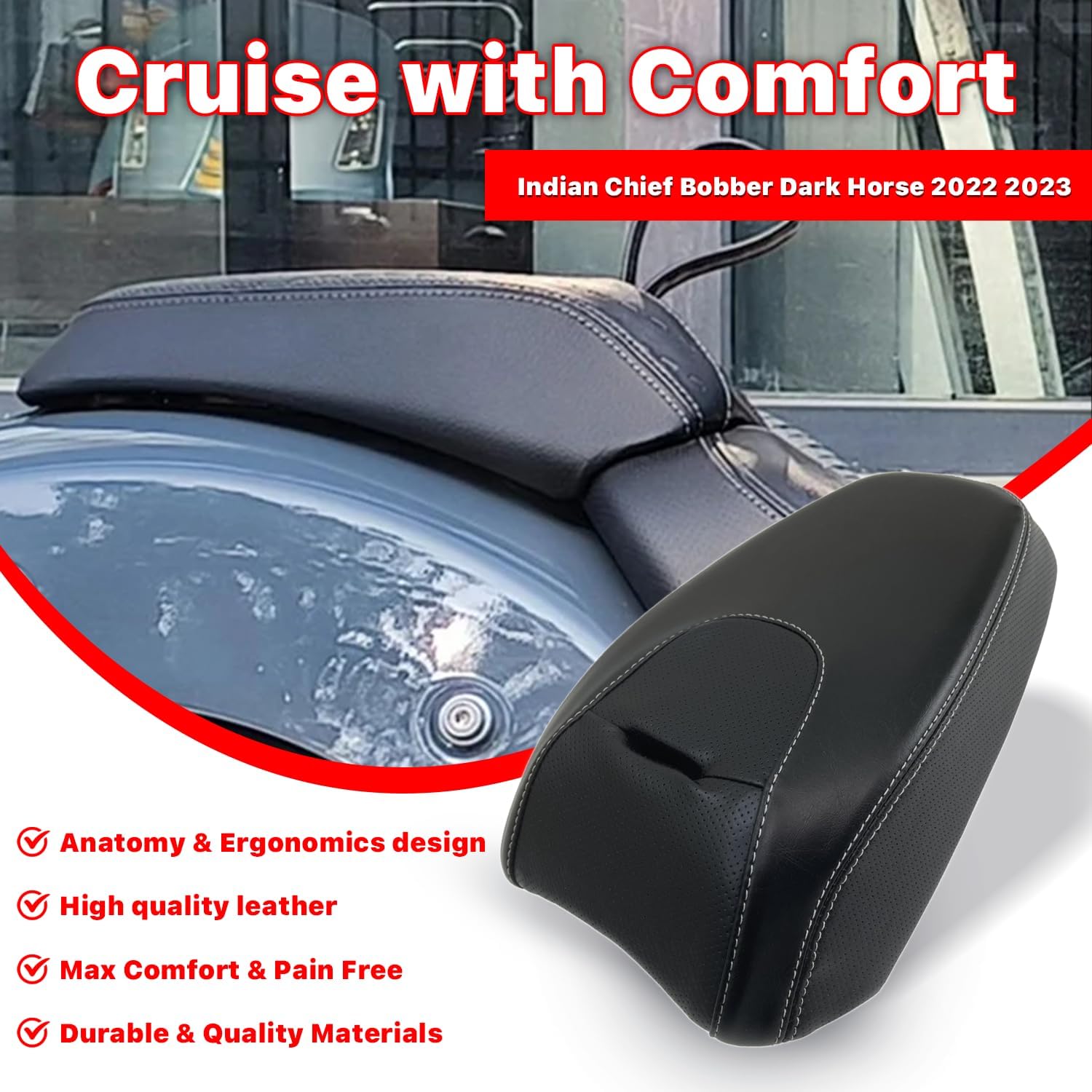 Motorcycle Passenger Seat Pad for Indian Chief Bobber Dark Horse 2022-2023, Seat Pillion for Indian Chief Bobber Dark Horse, Easy to Install (Black)