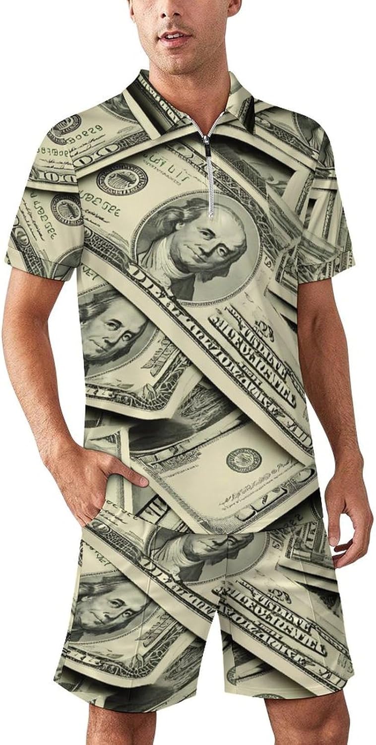 Money Dollar Bills Mens Polo Shirts Track Suits 2 Piece Short Sleeve Sweatsuit 1/4 Zip Golf Loungewear for Sports