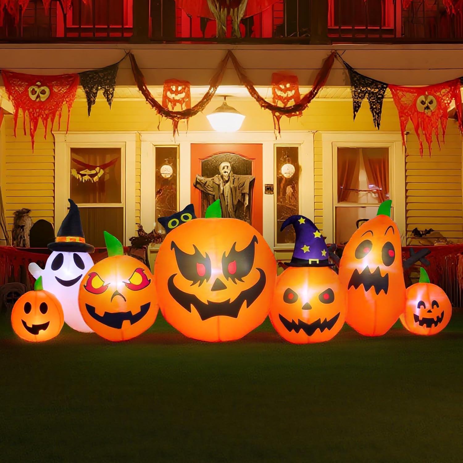9FT Long Halloween Inflatables, Halloween Decorations Outdoor Inflatables, Blow ups Ghost Pumpkin Wearing Witch Hat for Outdoor Front Yard Party Holiday