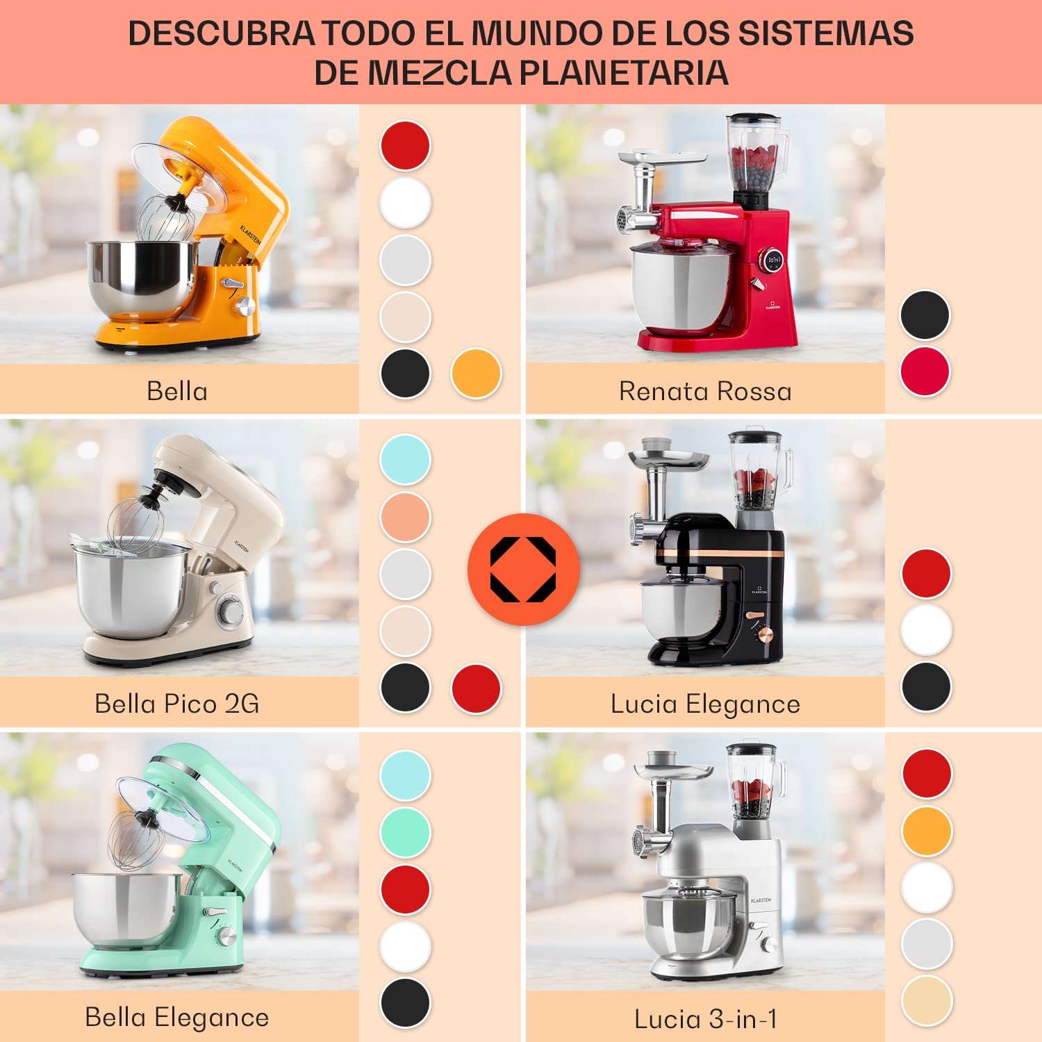Klarstein Batidora Amasadora con Bol 5L para Hornear, Robot Cocina, Amasadora Reposteria 1300W, Gancho y Bol para Mezclar, Electrodomesticos Cocina Varillas Rotación Planetaria con 6 Velocidades