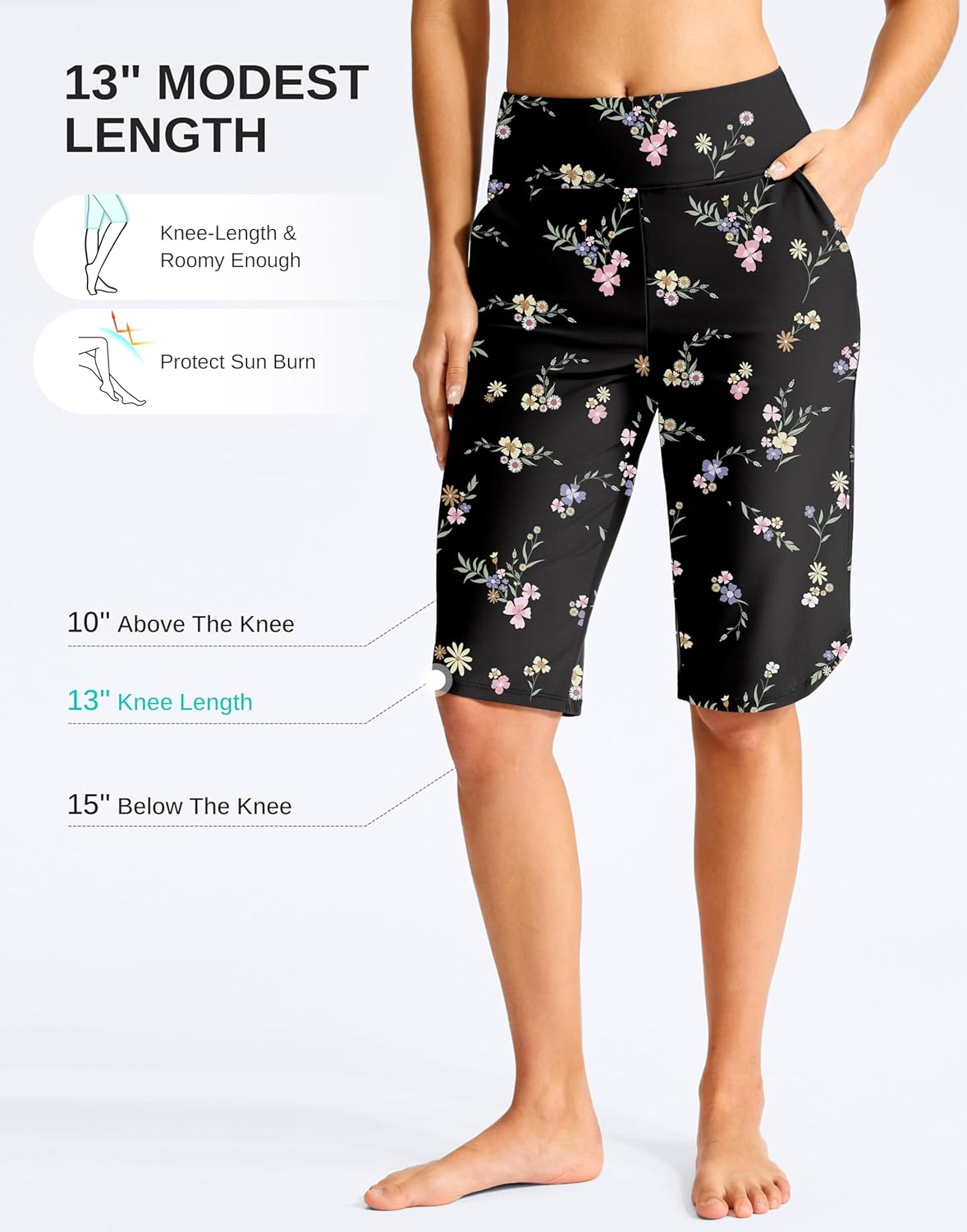 G Gradual Women's 13" Long Swim Board Shorts with Pockets High Waisted Quick Dry Beach Swimming Shorts for Women with Liner