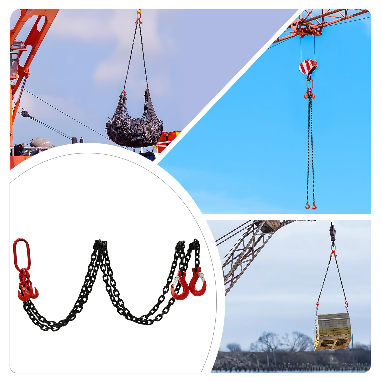 Élingue à Chaîne 2 Tonnes Double Brin, Chaîne de Levage 2m Alliage Acier, Sangle de Levage avec Crochets Sécurité, pour Grue Palan Chantier Usine Entrepôt, Charge Max 4409lbs, Forge Rouge Noir