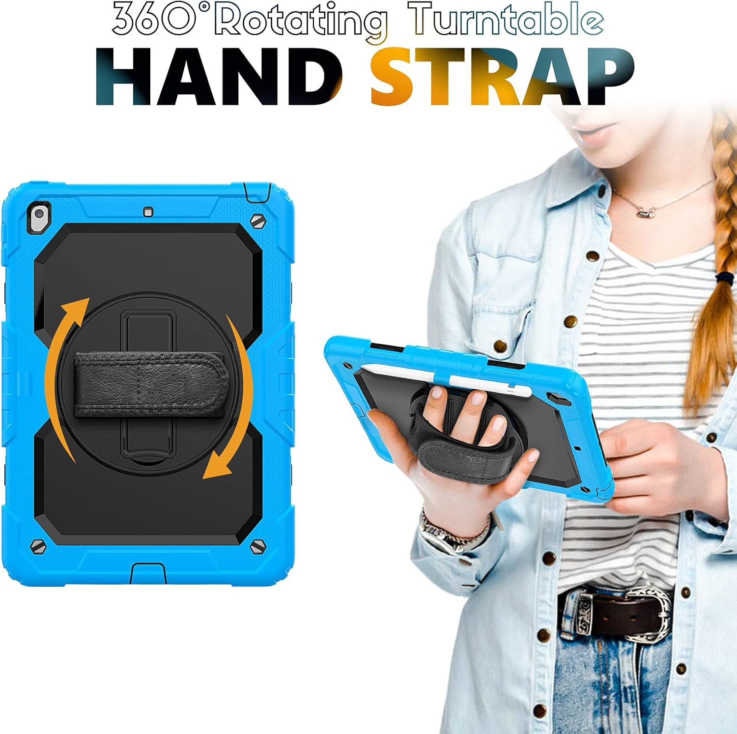 Heavy Duty Shockproof TPU Case for iPad 10.2 inch 2021/2020/ 2019,for iPad 9th/ 8th/ 7th Generation,Protective Cover W Screen Protector+Rotating Kickstand+Handle+Shoulder Strap(Light Light)