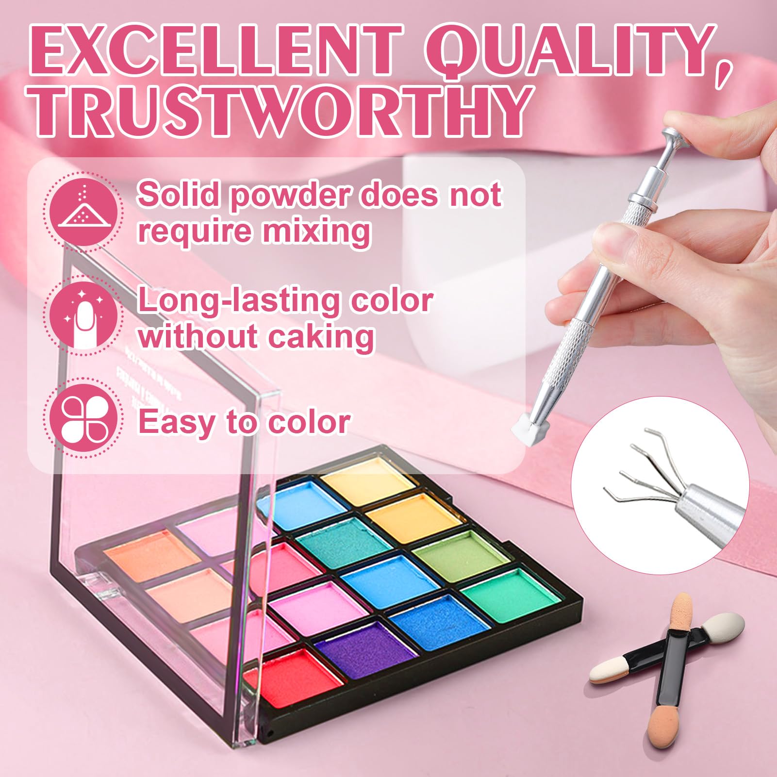 Poudre Chrome Ongle 16 Couleurs, Poudre Ongles Nail Art, Poudreongle Kit Inclus Pigment poudre, 50 Eponge ongles, 10 Bâton éponge, 1 Pince à épiler, Manucure Facile à créer