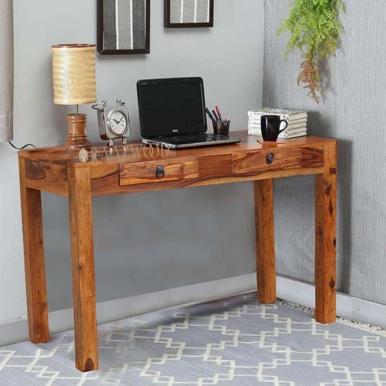 RAAZWOOD Sheesham Wood Writing Study Table Two Drawer for Study Room Hall Home Wooden Computer Laptop Table Library and Office Style - Study Desk | Natural Honey Finish (Brown)