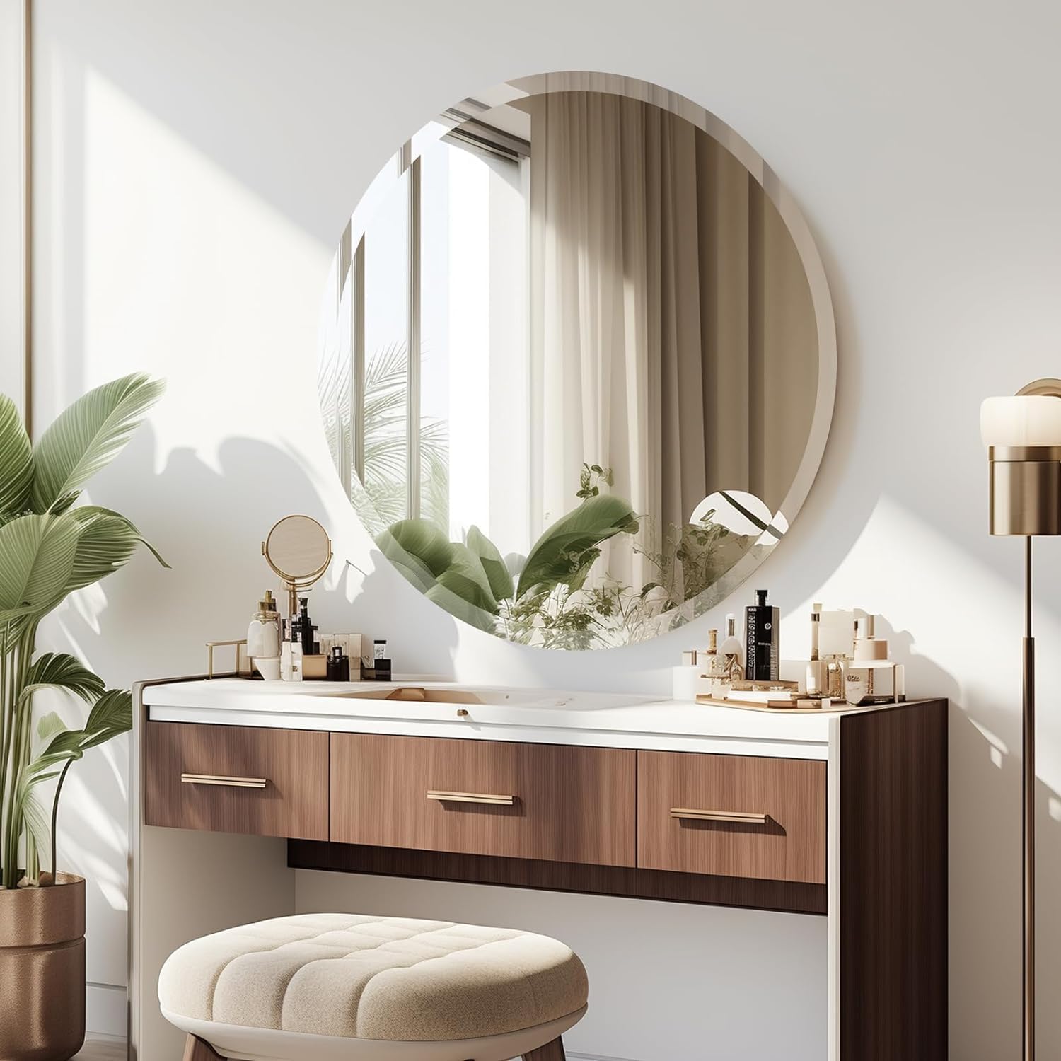30 inch Beveled Bathroom Mirror, Frameless Round Mirror, 1" Polished Beveled Edge Circle Mirror for Bathroom, Living Room, Bedroom