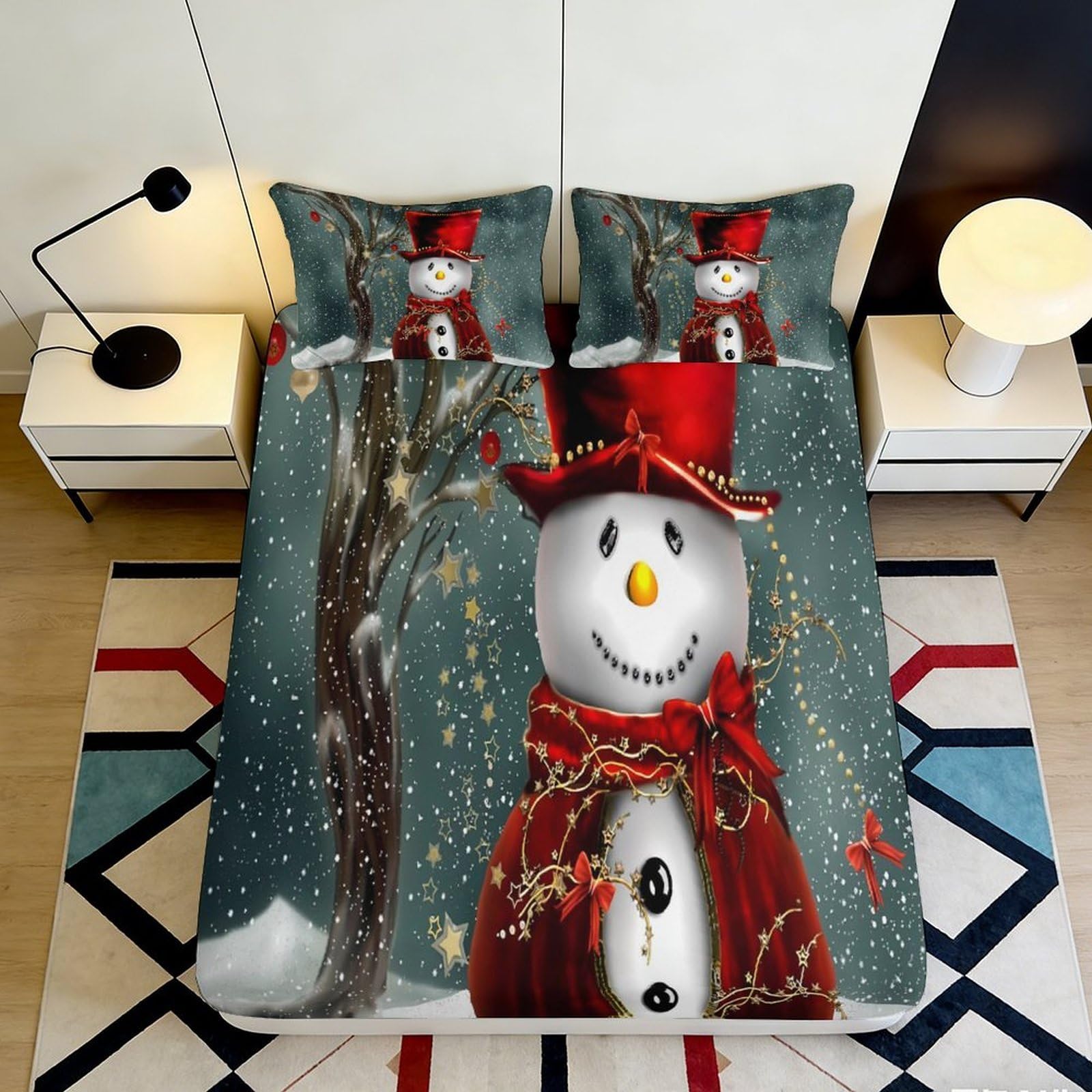 3D Printed Snowman Winter Scene Fitted Sheet Microfiber Soft Breathable Christmas Tree Bed Cover for Bedroom Guest Room Decor 90x200x25cm