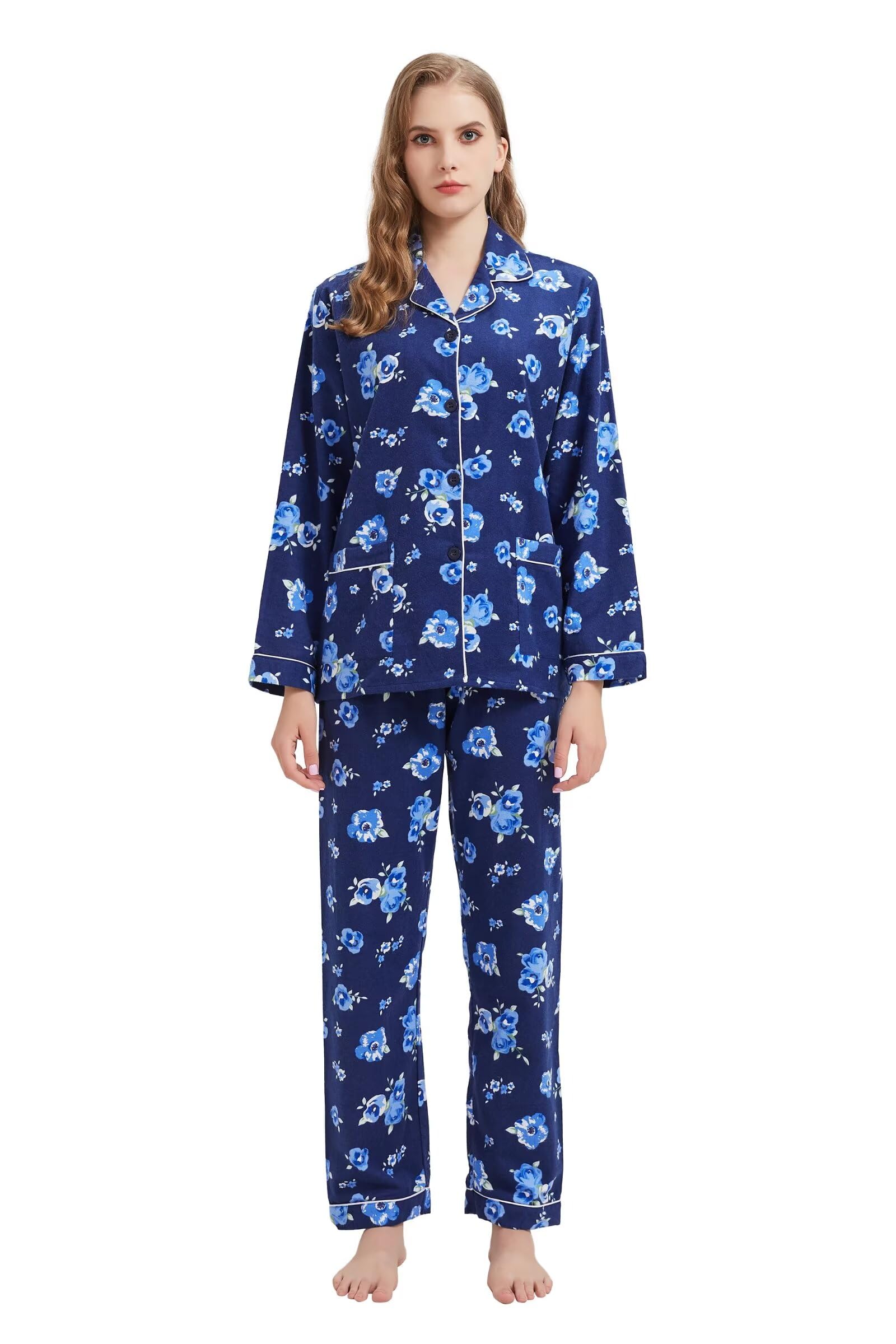 GLOBAL Women's Flannel Pajamas Set 100% Cotton PJs for Women Long Sleeve Button Drawstring Waist Warm Loungewear Sleepwear