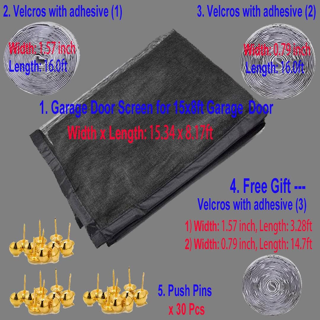 Premium Garage Door Screen for 2 Car Garage 15x8ft, Heavy Duty Durable Fiberglass Screen Mesh W Hook & Loop Tapes, Strips, Doors Screen with Powerful Magnets, Easy to Install (15x8 Black)