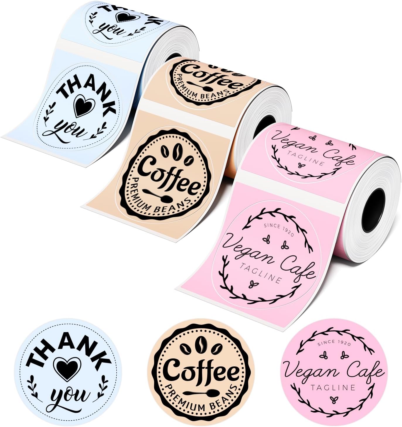 Phomemo Round Labels for M110/M220/M250/M120, 2 Inch (50mm) 3 Rolls with 3 Colors, 140 pcs/Roll, Thermal Original Sticker for Home Office Small Business Labeling Tape Thank You Sticker (Colorful)