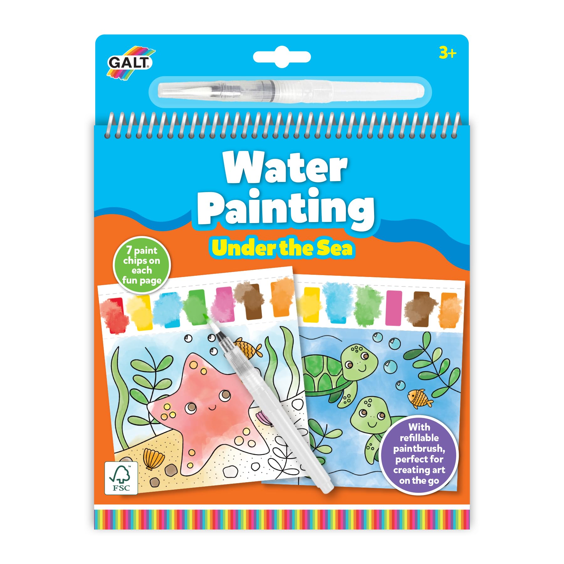 Galt Water Painting Book - Under the Sea Themed Children's Painting Books - Kids Travel Art Book with 7 Paint Chips & Refillable Paint Brush - Christmas & Birthday Gift for Boys & Girls Age 3 Years +