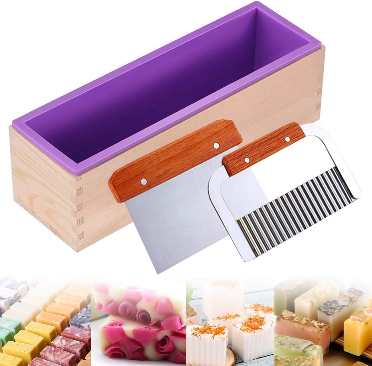 Ogrmar Silicone Soap Molds Kit-42 oz Wooden Silicone Rectangular Mold with Stainless Steel Wavy & Straight Scraper for Soap Cake Making (Purple)
