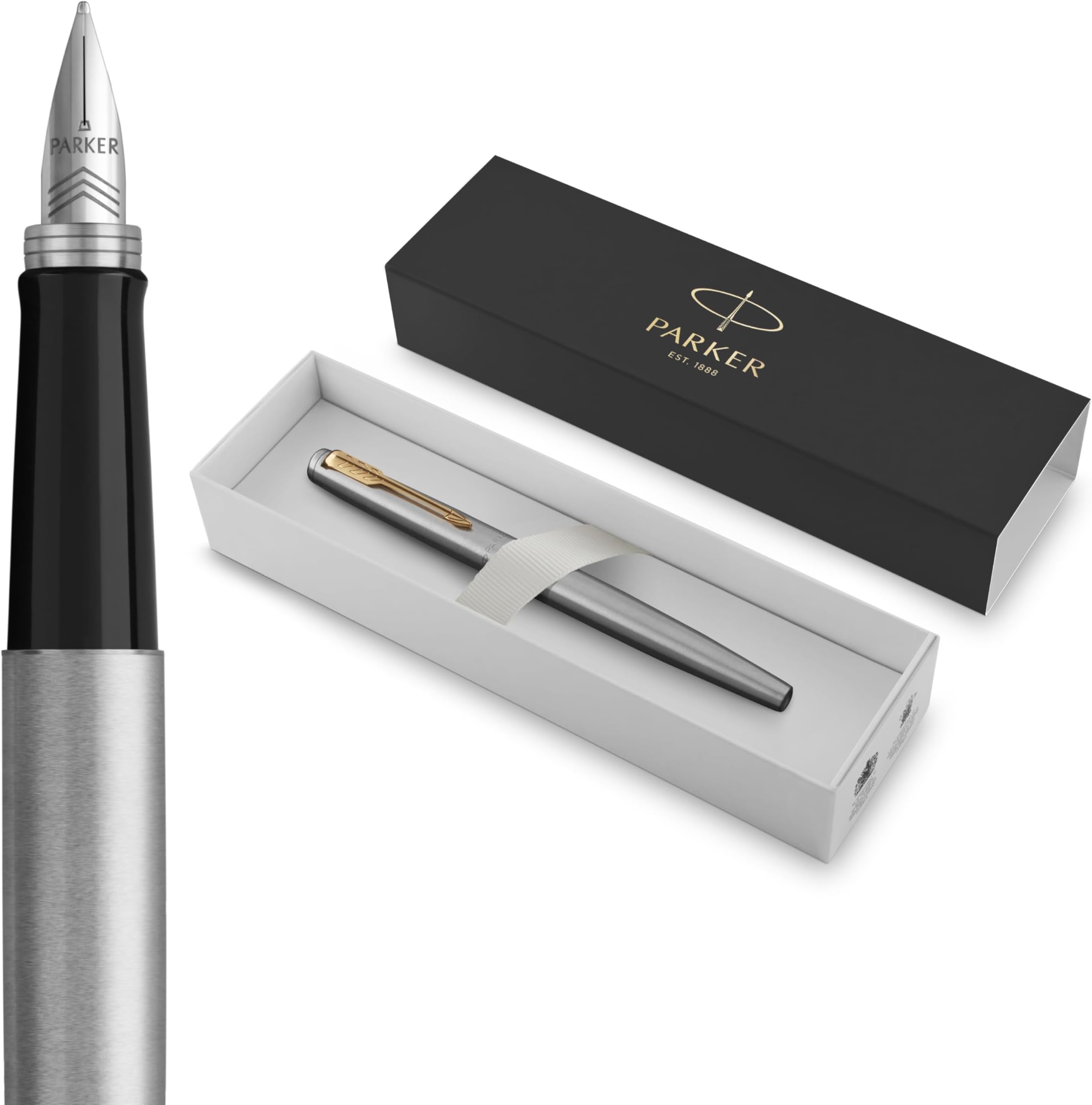 Parker Jotter Fountain Pen, Stainless Steel with Gold Trim, Medium Nib, Blue Ink & Gift Box