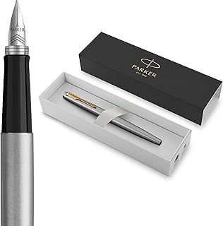 Parker Jotter caneta de tinta permanente corpo de aço inoxidável com adorno dourado pena média e tinta azul em estojo para presente