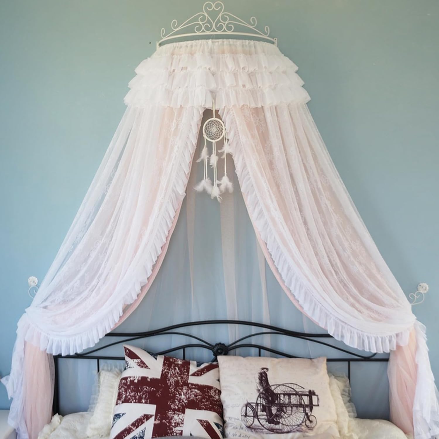 Lace Bed Canopy - Wall Metal Crown Princess Curtain with Double Layer Mosquito Net - Decorative Drapery for Bedroom Reading Nook