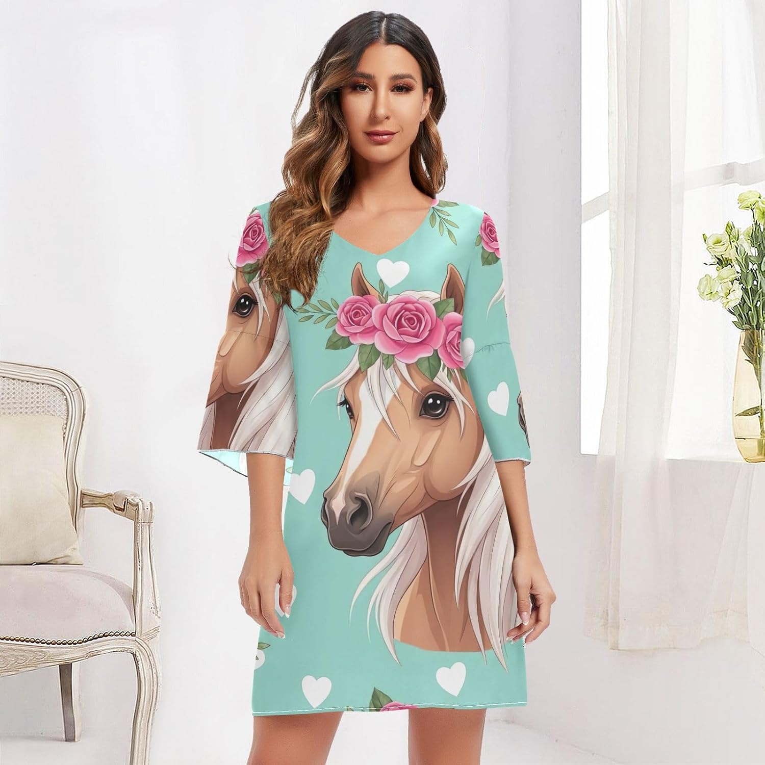 Cute Horse Floral Green Casual Dress Printed Line Maternity Dress