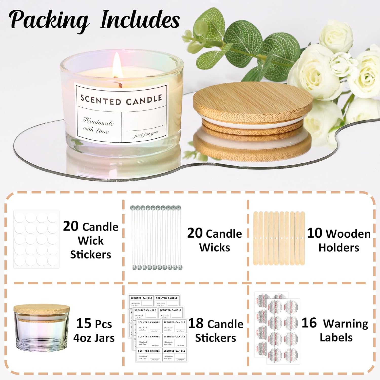 SUPMIND 4oz Iridescent Candle Jars 15 Pack, Small Wide Mouth Glass Empty Candle Jars with Bamboo Lids for Making Candles, Bulk Candle Container with Wick Kit, Ideal for Candle Business Owners