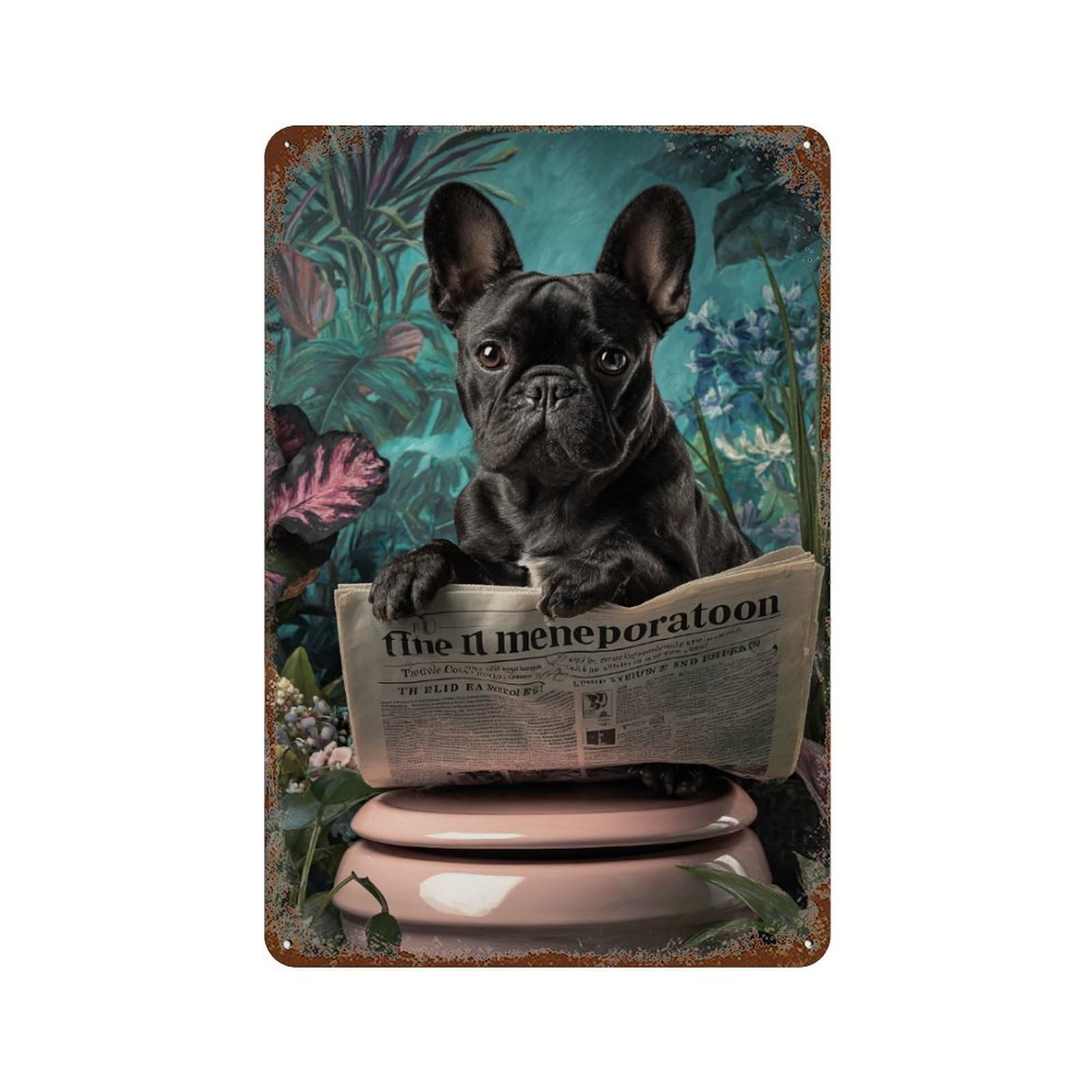 Garage Style French Bulldog Reading Newspaper -3 Distressed Metal Wall Sign 11.8"x7.9", Retro Wall Decor for Bar And Workshop