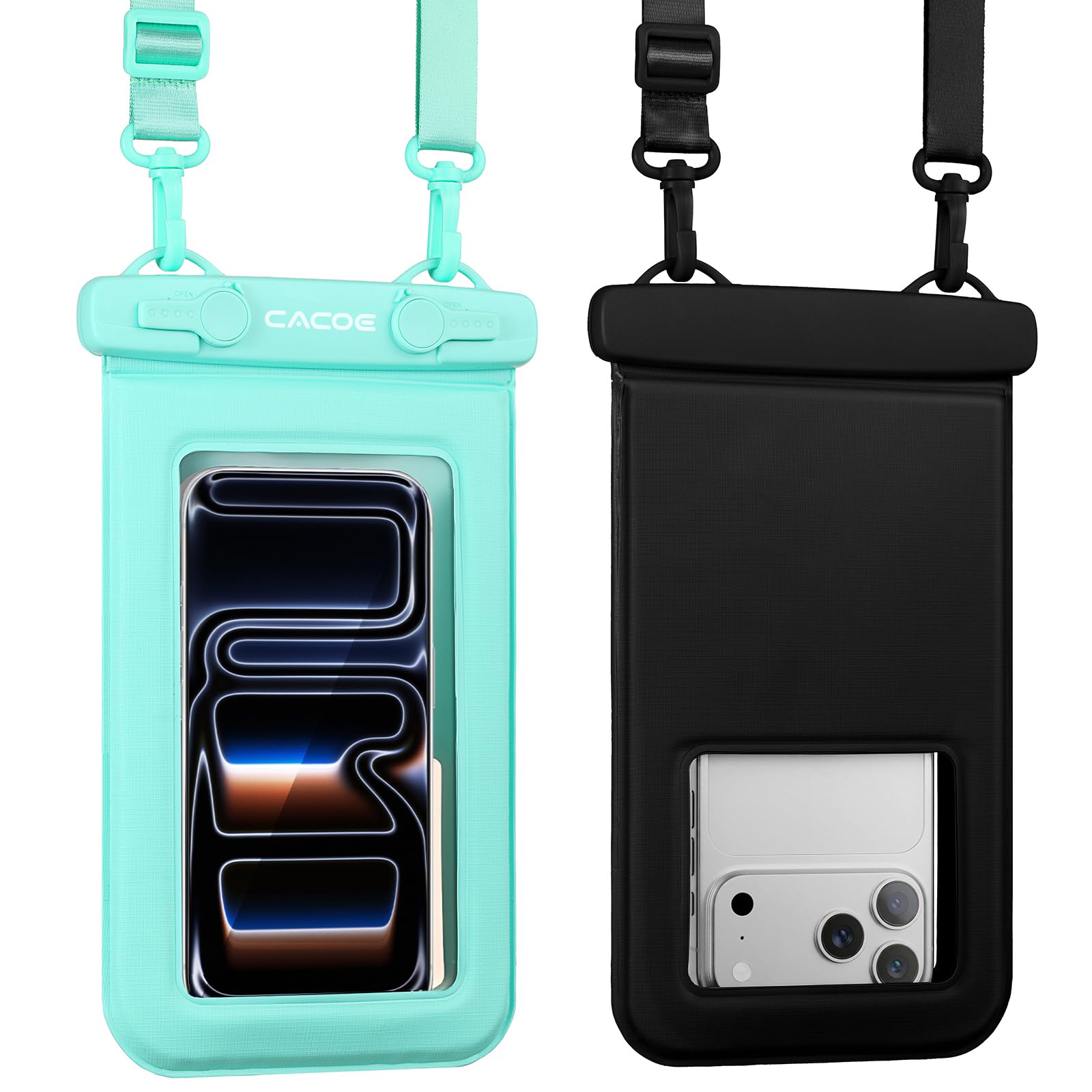 CACOE Floatable Waterproof Phone Pouch 2 Pack Up to 9.0", Black+Green | Floatable, IPX8 Waterproof Phone Case,Adjustable Lanyard,Dry Bags for Beach/Cruise/Travel/Camping/Kayak/Vacation Essentials