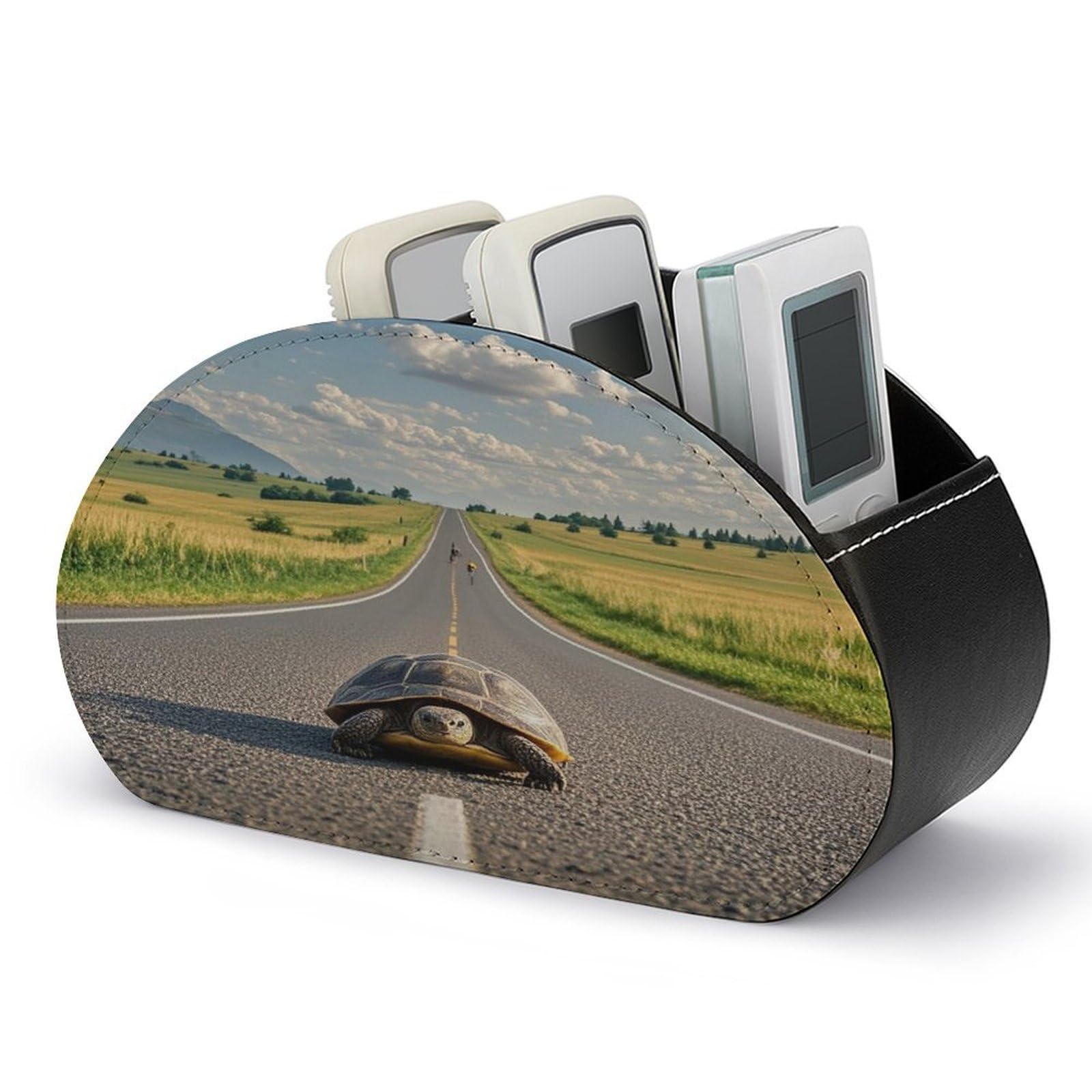 LZQPOEAS Inspirational Road Ahead. Remote Control Holder with 5 Compartments PU Leather Remote Organizer Box Caddy for Table Nightstand Remote Caddy Desktop Organizer Fits Media Controllers