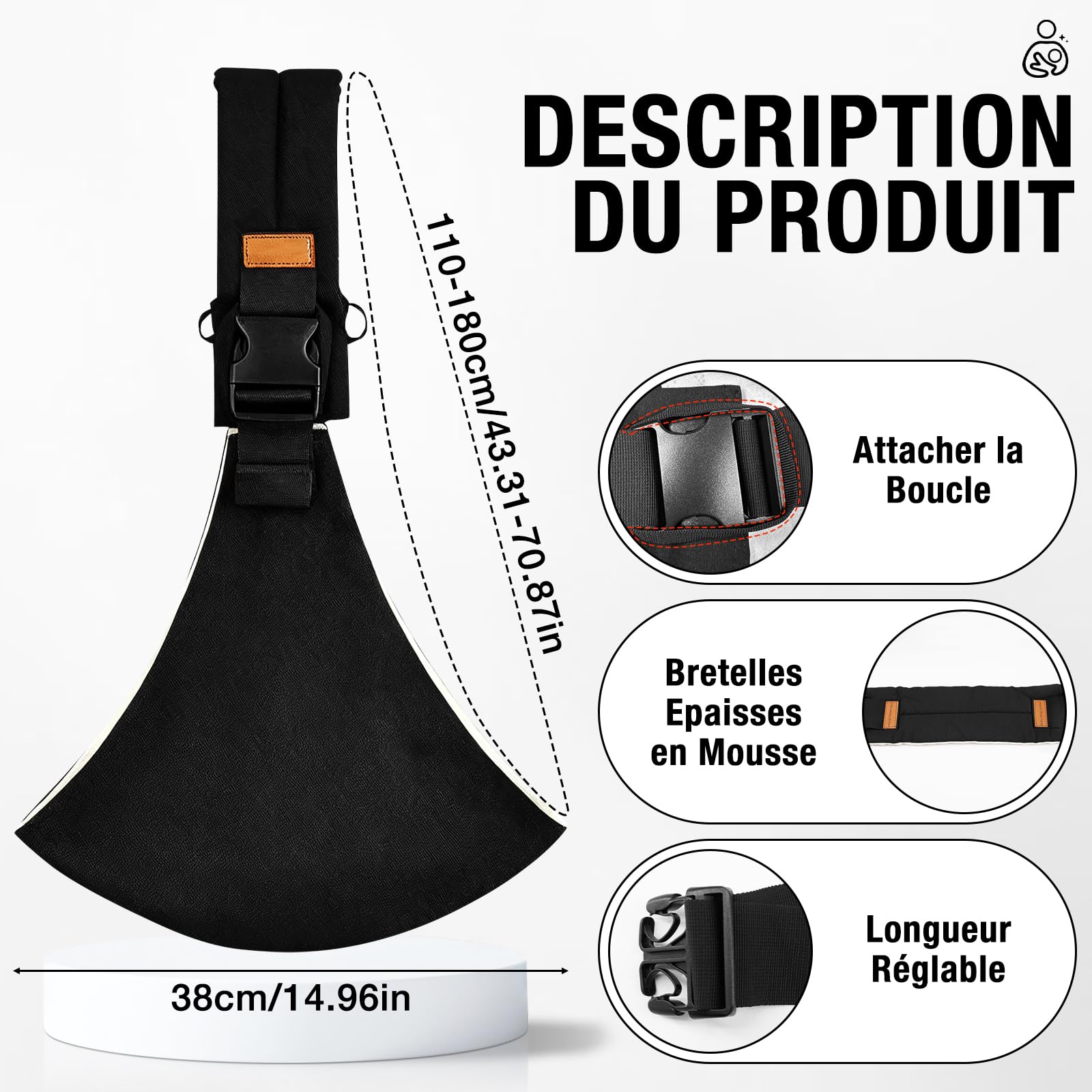 Écharpe de Portage Réglable Porte Bébé Hanche Respirant pour Nouveau-Nés et Tout-Petits jusqu'à 15 kg Noir