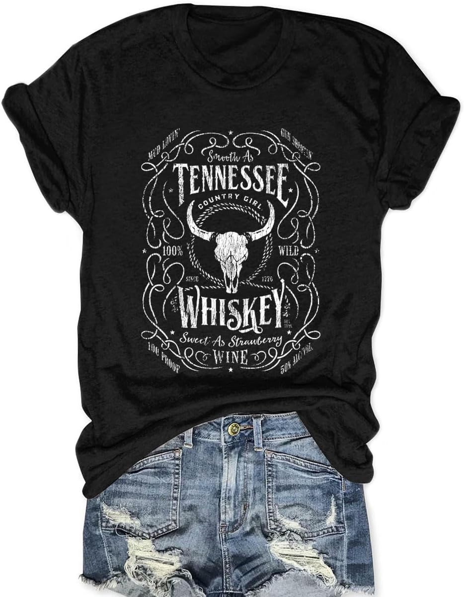 Women Tennessee Whiskey Shirt Vintage Cowgirl T Shirts Cute Cow Print Graphic Tees Short Sleeve Tops