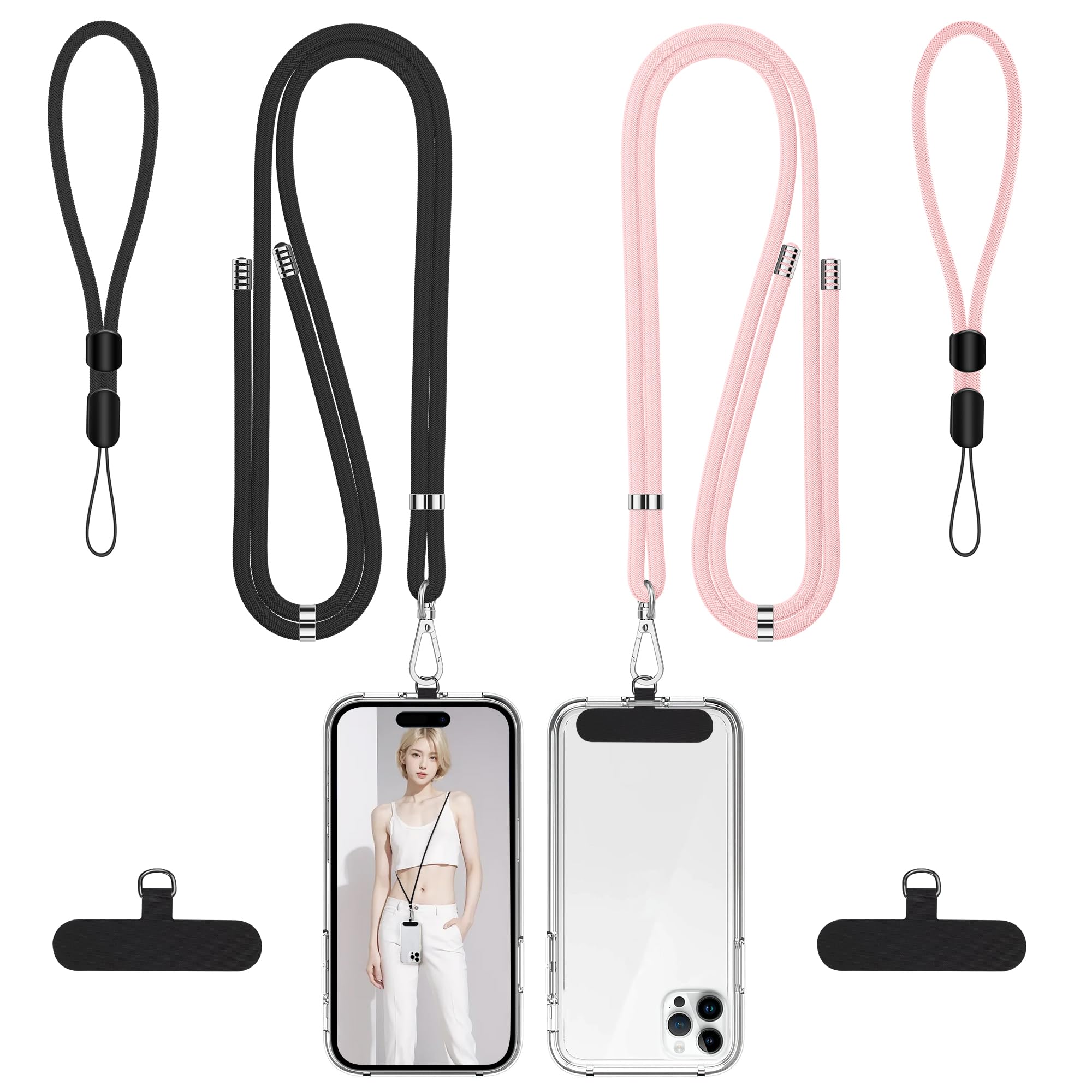 takyu Phone Lanyard, 2 Pack Adjustable Cell Phone Lanyard Crossbody Neck Strap &amp; 2 Pack Phone Wrist Strap with Tether Tabs Compatible for iPhone Android Smartphones-Black LPink