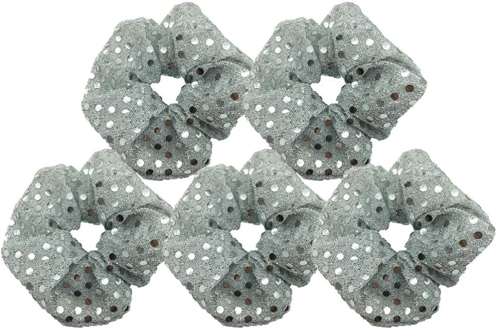 minkissy 5pcs Silver Sequins Scrunchies Sparkly Elastic Hair Ties Ponytail Holders Sequins Hair Ties Ropes Hair Accessories for Women Teen Girls (Silver)