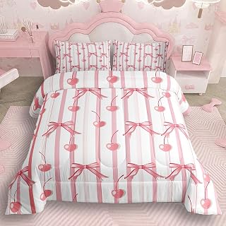 jejeloiu Pink Bows Bedding Set King Cute Cherry Comforter for Girls Teens Bedroom Decor Stripes Duvet Set Breathable Soft Lightweight Microfiber