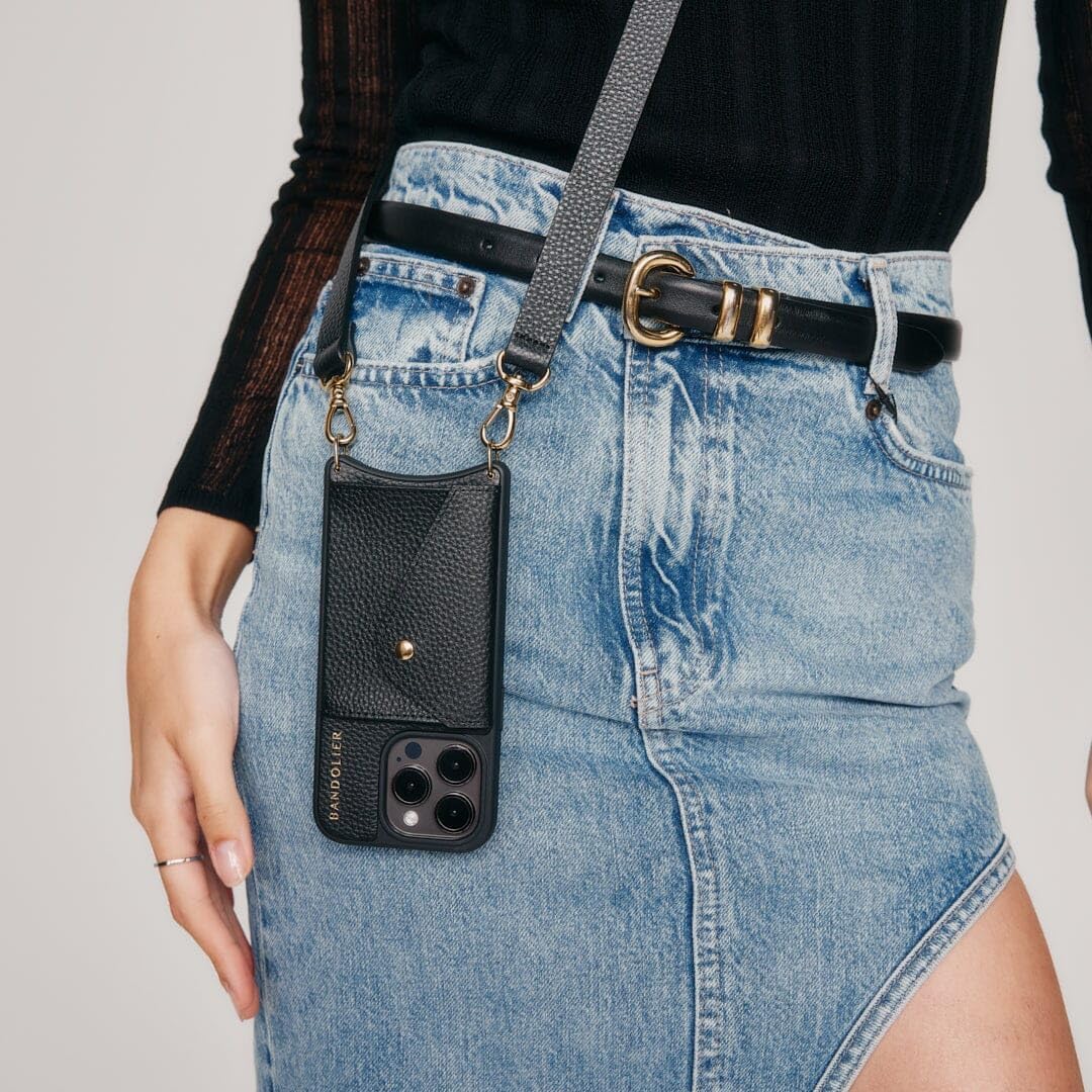 Bandolier Hailey Crossbody Wallet Phone Case for iPhone 16. 100% Genuine Pebble Leather with Gold Hardware. Adjustable & Removable Strap. Expandable Flip Card Holder. Black with Gold