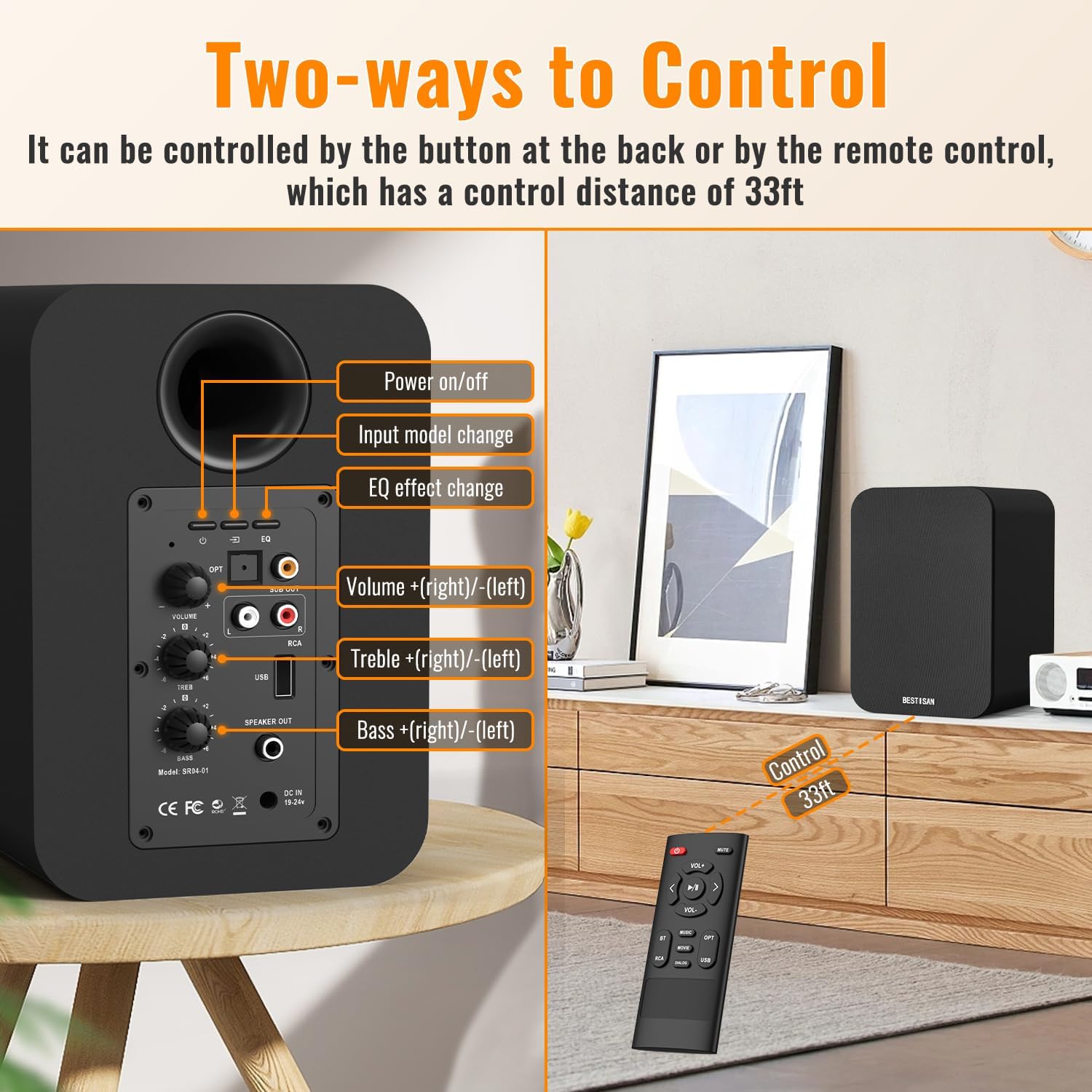 BESTISAN Bluetooth Bookshelf Speakers, Powered Computer Speakers with 4 Inch Woofer, TV Speakers with Optical/RCA/USB/Sub Out for PC and Turntable - Image 6