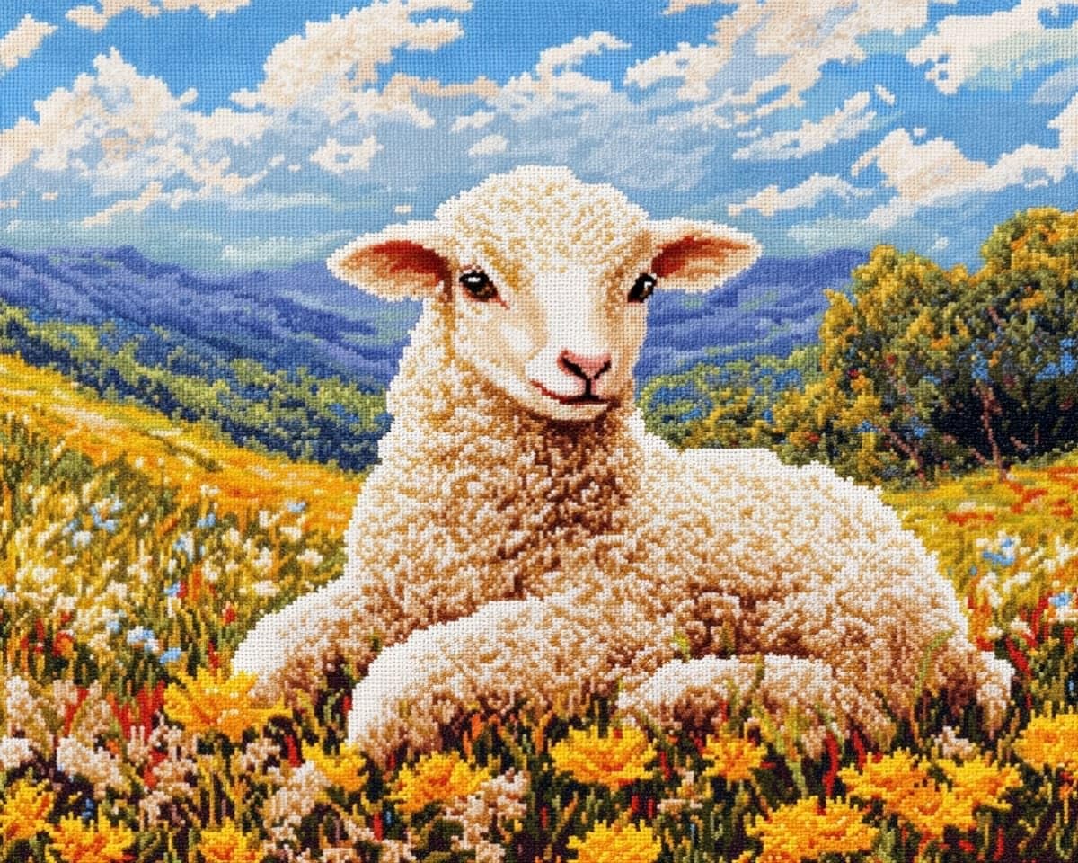 AxiangziK Counted Cross Stitch Kits 12x16 inchSheep in the Flower Bushes pre-Printed Fabric Cross Stitch Set DIY Art Embroidery Kits Needlework Crafts