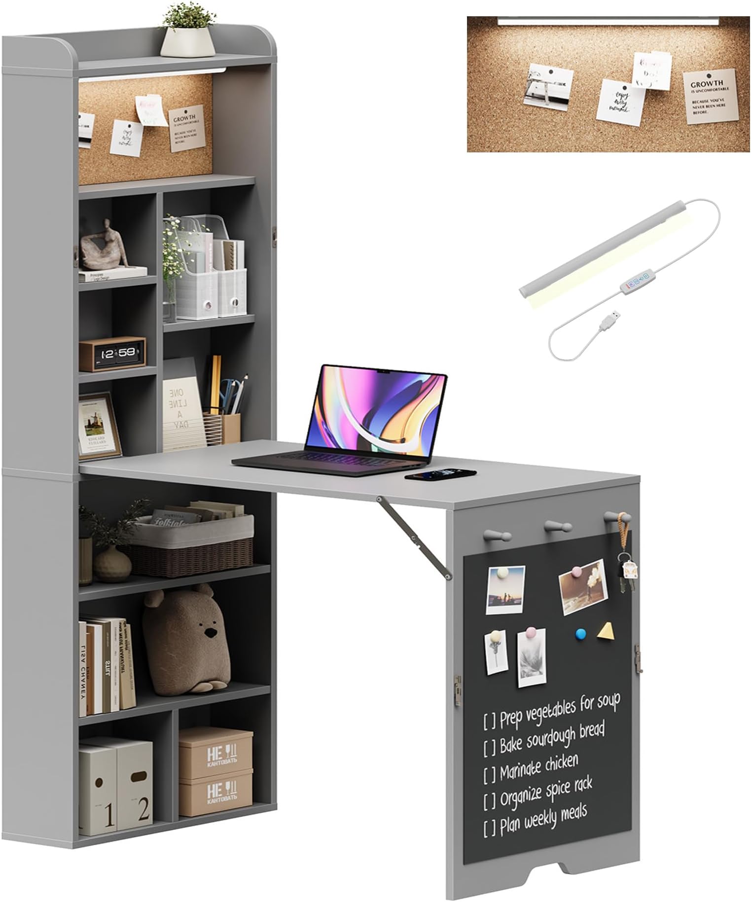 Wall Mounted Foldable Desk with LED and Corkboard, Space-Saving Fold Out Convertible Writing Table with Shelves & Magnetic Blackboard, Floating Murphy Desk Workstation for Home Office, Dorm (Gray)