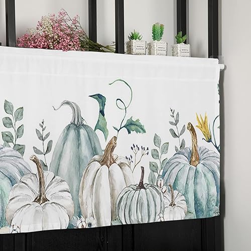 Miniatura 8 de Cenefas de cocina de Acción de Gracias para ventanas de sala de estar, cenefa de calabaza con bolsillo para cortinero, color verde azulado, gris y