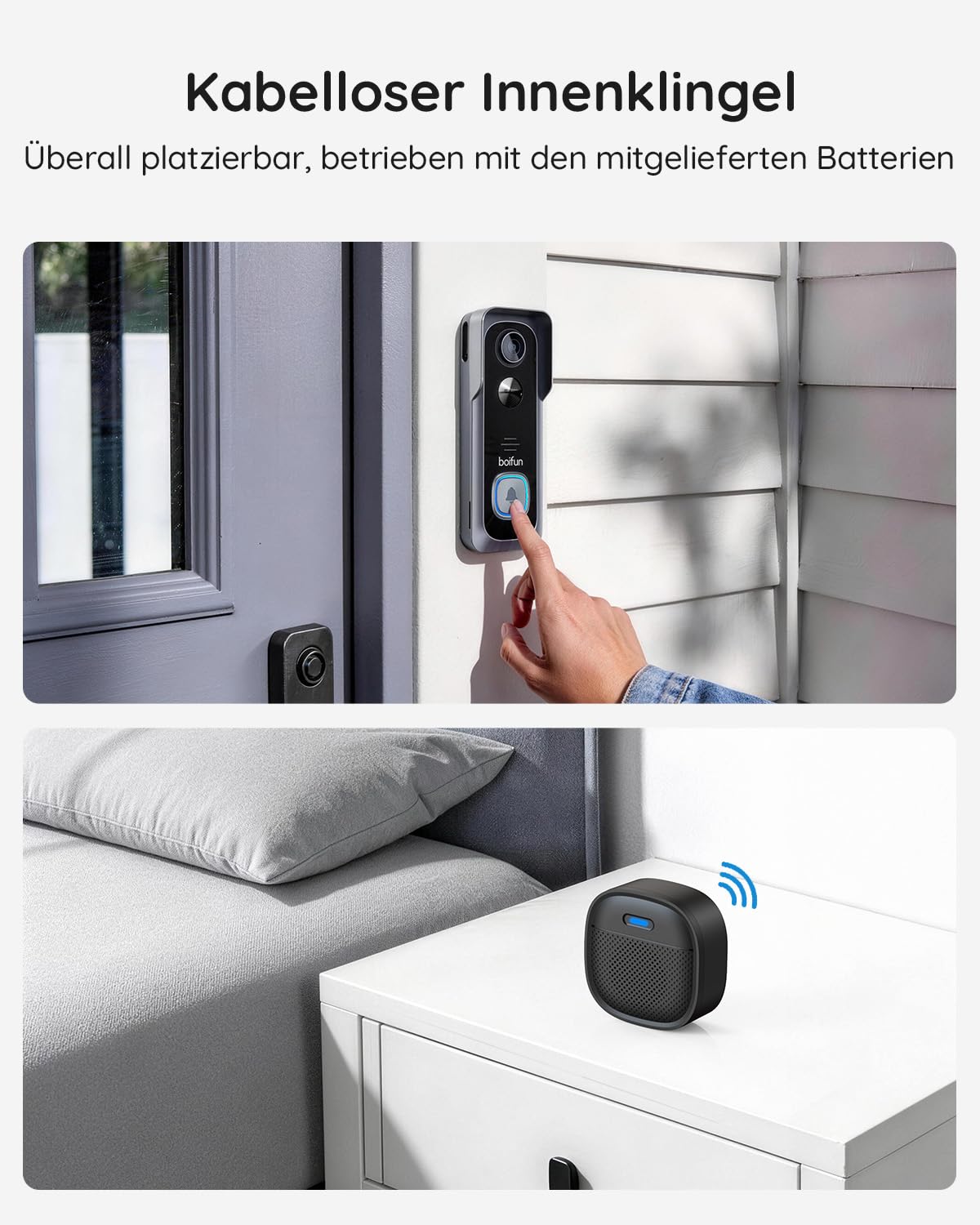 BOIFUN WLAN Video Türklingel mit Kamera, Ultra-HD-Funkklingel mit Kamera,Alexa-kompatibel, Nachtsicht, PIR Bewegungserkennung, 2-Wege-Audio, SD- & Cloud-Speicher, mit Chime, 2.4GHz, Schwarz