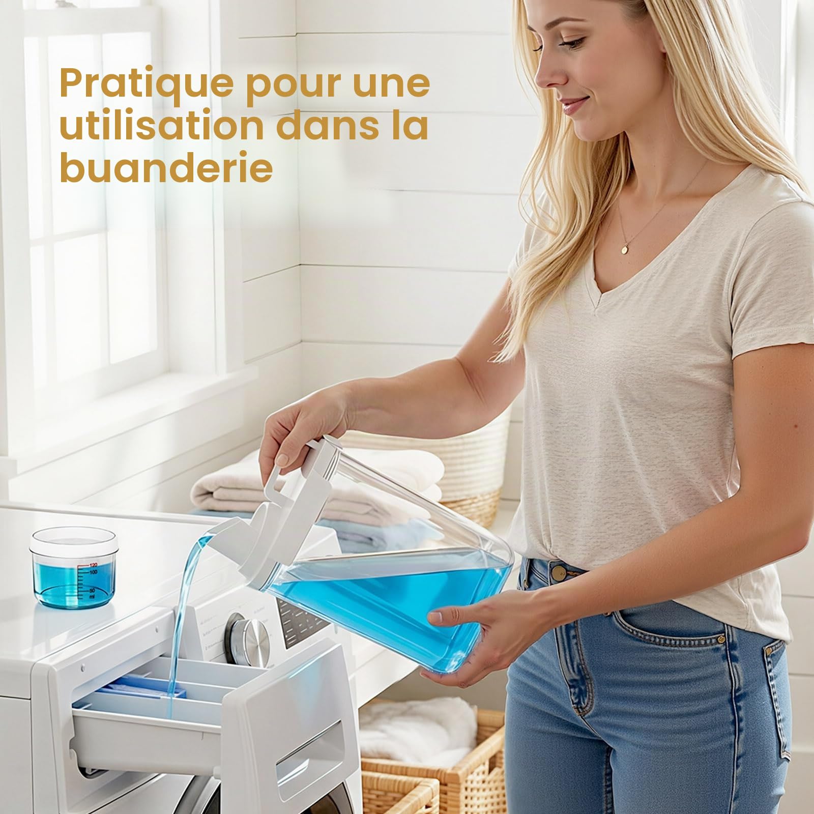Yorbay Lot de 5 unités de stockage de détergent : distributeur de détergent transparent avec gobelet doseur et étiquettes, récipient avec couvercles en bambou et cuillères pour lessive en poudre