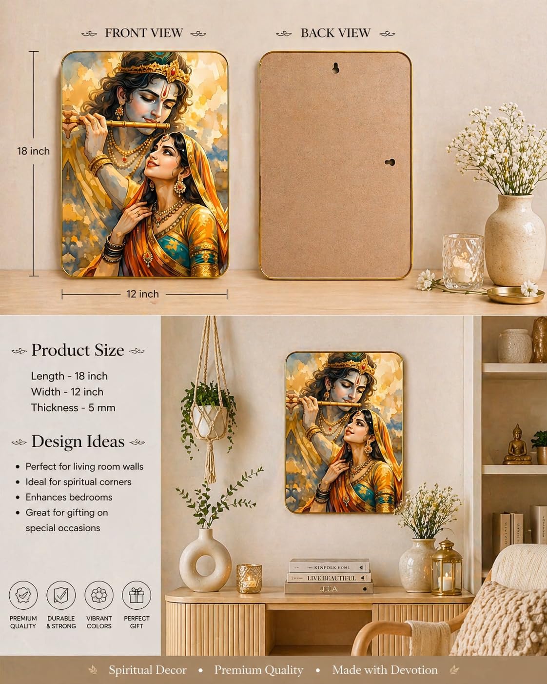 Blessora Craft Radha Krishna Wall Hanging Frame | HD Printed Wooden Wall Painting for Home Decor, Pooja Room, Living Room, Bedroom, Office | Golden Frame Religious Wall Hanging Gift (18X12) 1