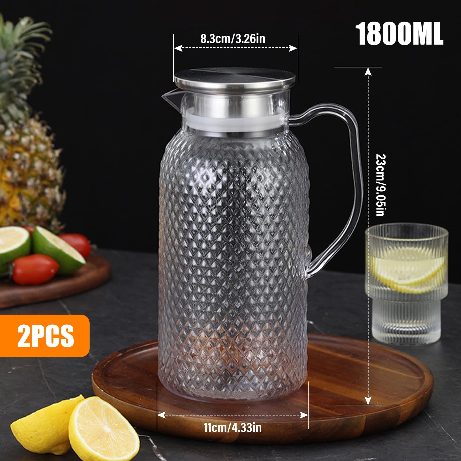 Lot de 2 pichets en acrylique de 1800 ml - Pichets à eau en plastique avec couvercle - Carafe transparente en acrylique - Pour réfrigérateur - Avec poignée - Pour boissons DIY, jus, thé
